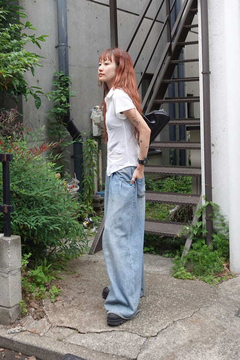 リネン混ハーフスリーブトップス